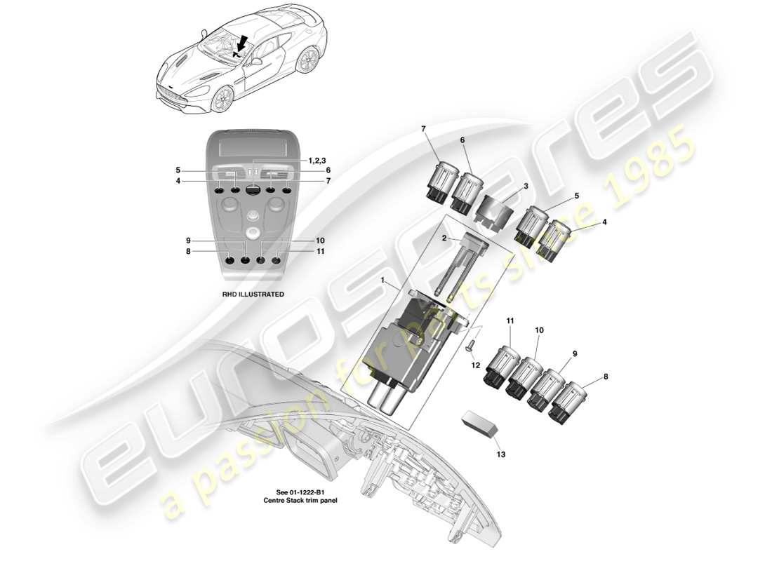 aston martin vanquish (2014) diagramma delle parti degli interruttori della console centrale