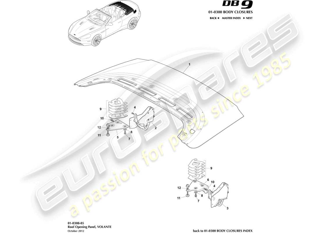 aston martin db9 (2014) pannello apertura tetto, volante diagramma delle parti