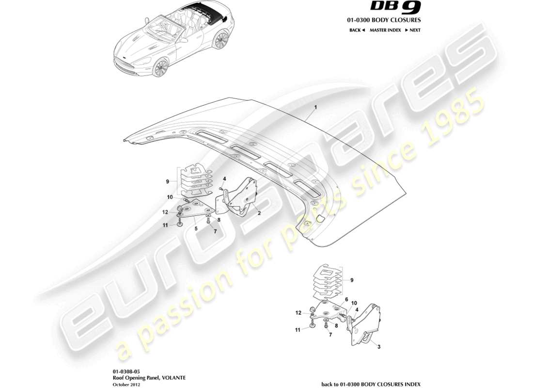 aston martin db9 (2014) pannello di apertura del tetto, diagramma delle parti del volante