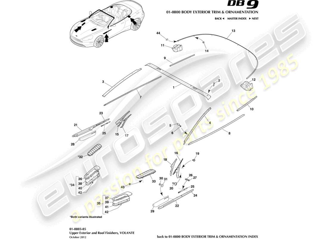 aston martin db9 (2014) finiture esterne superiori, diagramma delle parti volante