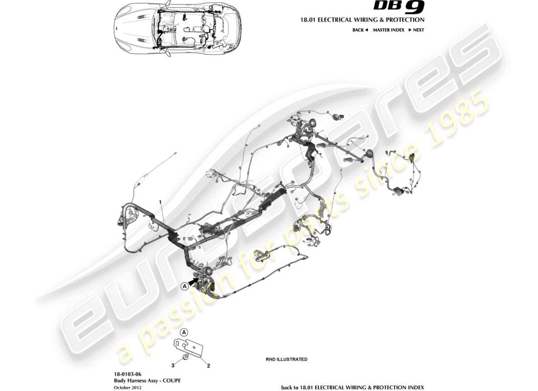 aston martin db9 (2014) imbracatura per il corpo, diagramma delle parti del coupé