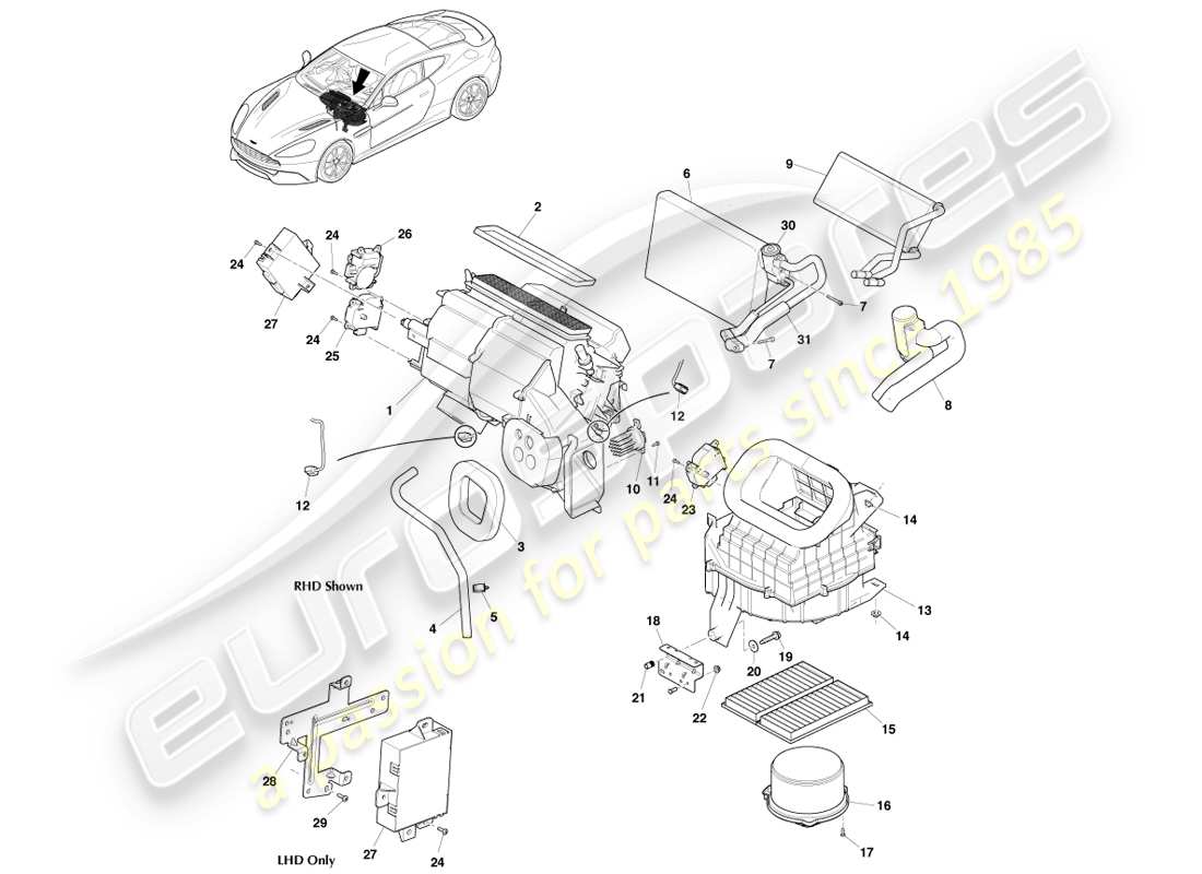 aston martin vanquish (2013) unità hvac diagramma delle parti