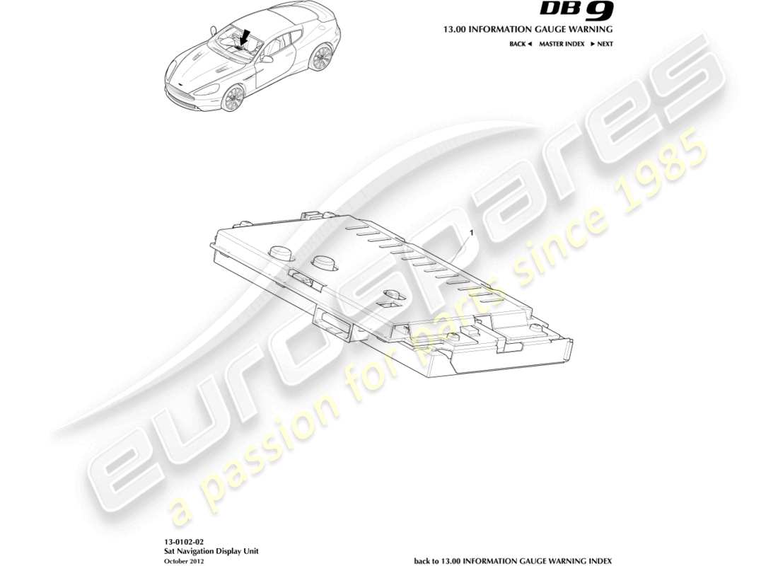 aston martin db9 (2017) diagramma delle parti del display del navigatore satellitare