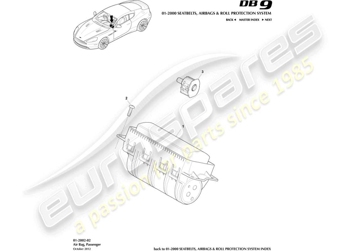 aston martin db9 (2014) airbag, schema delle parti del passeggero