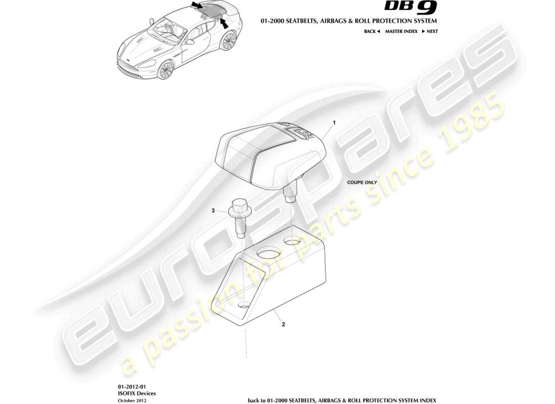 aston martin db9 (2014) diagramma delle parti delle staffe di fissaggio isofix