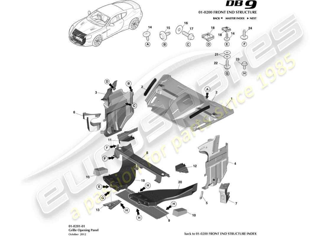 aston martin db9 (2014) diagramma delle parti del pannello di apertura della griglia