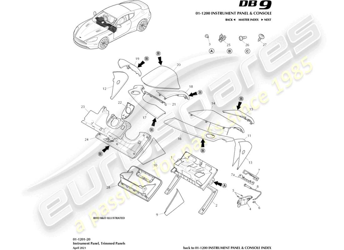 aston martin db9 (2014) diagramma delle parti dei pannelli rifiniti ip