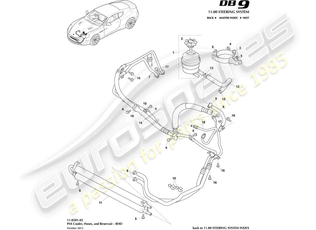 aston martin db9 (2014) tubi pas, diagramma delle parti rhd