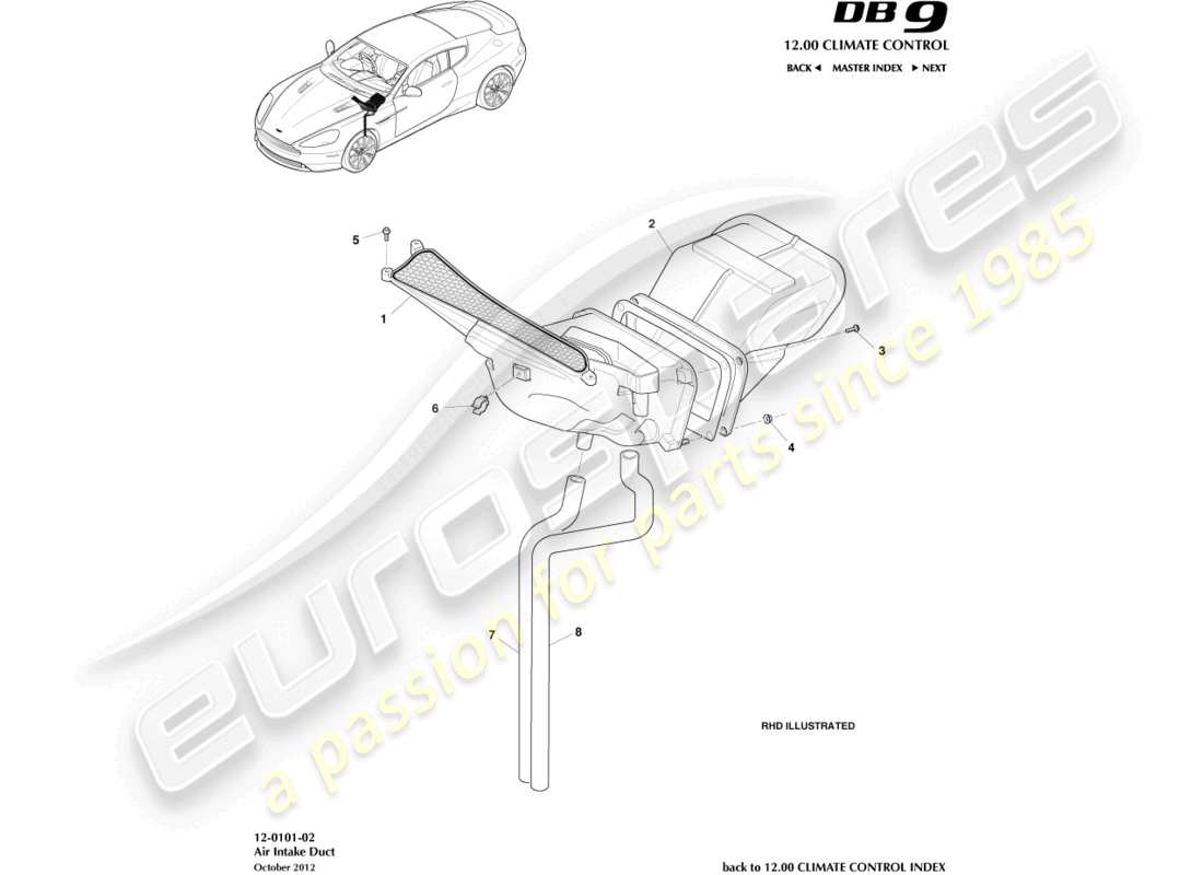 aston martin db9 (2014) diagramma delle parti dei componenti della presa d'aria