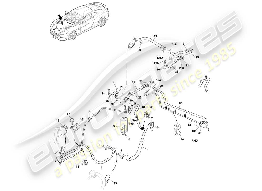 aston martin vanquish (2013) linee di aria condizionata, hfo1234yf gas diagramma delle parti