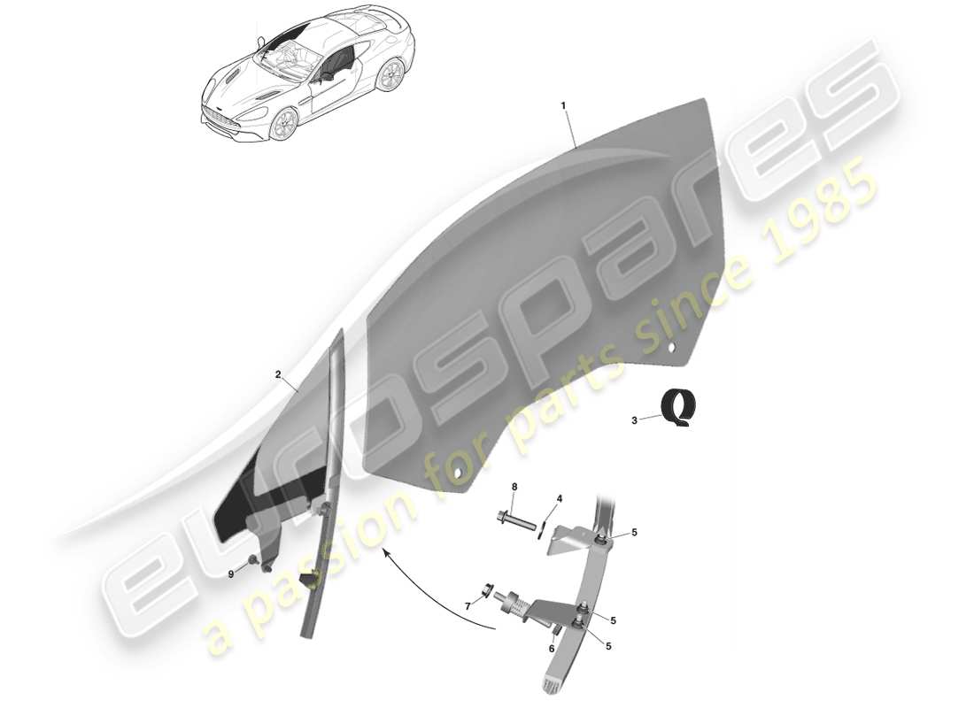 aston martin vanquish (2014) vetro della porta anteriore diagramma delle parti