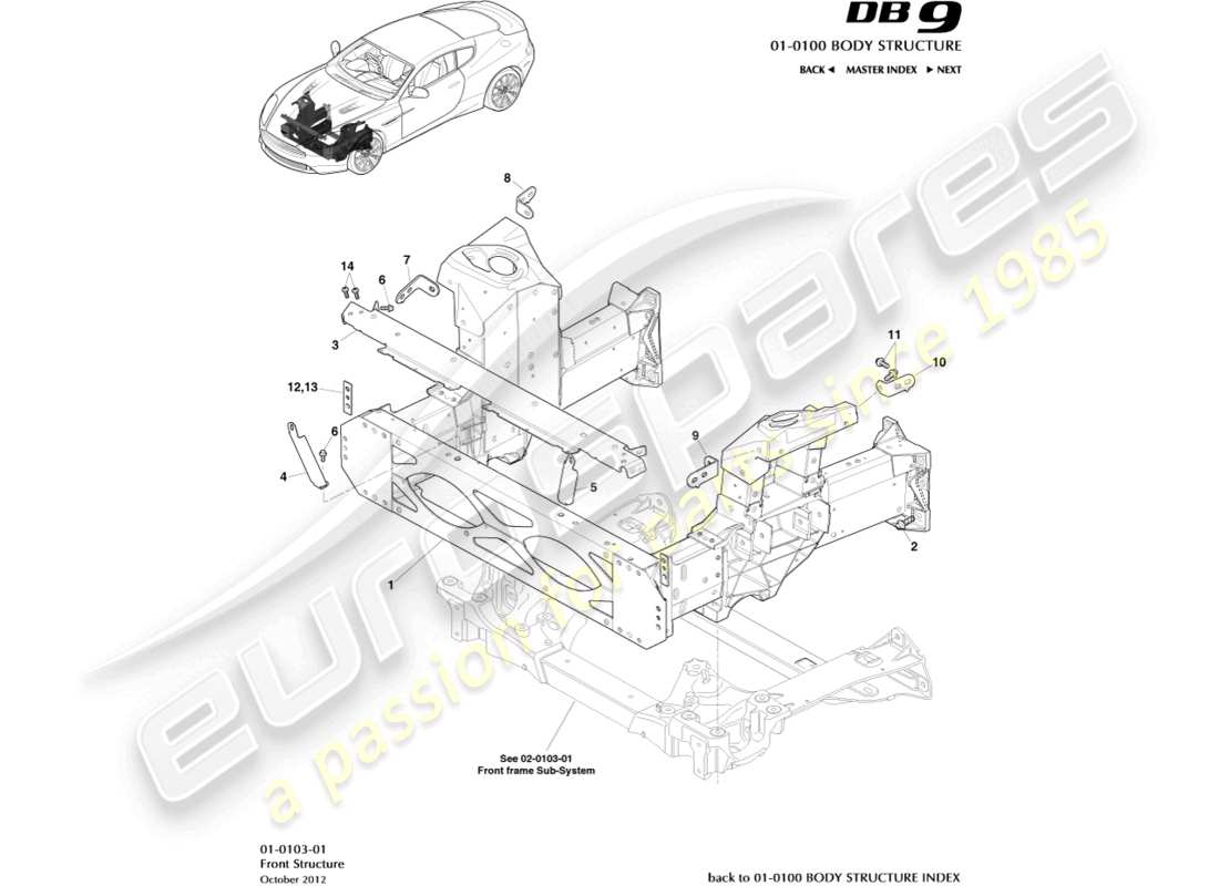 aston martin db9 (2016) diagramma delle parti della struttura anteriore