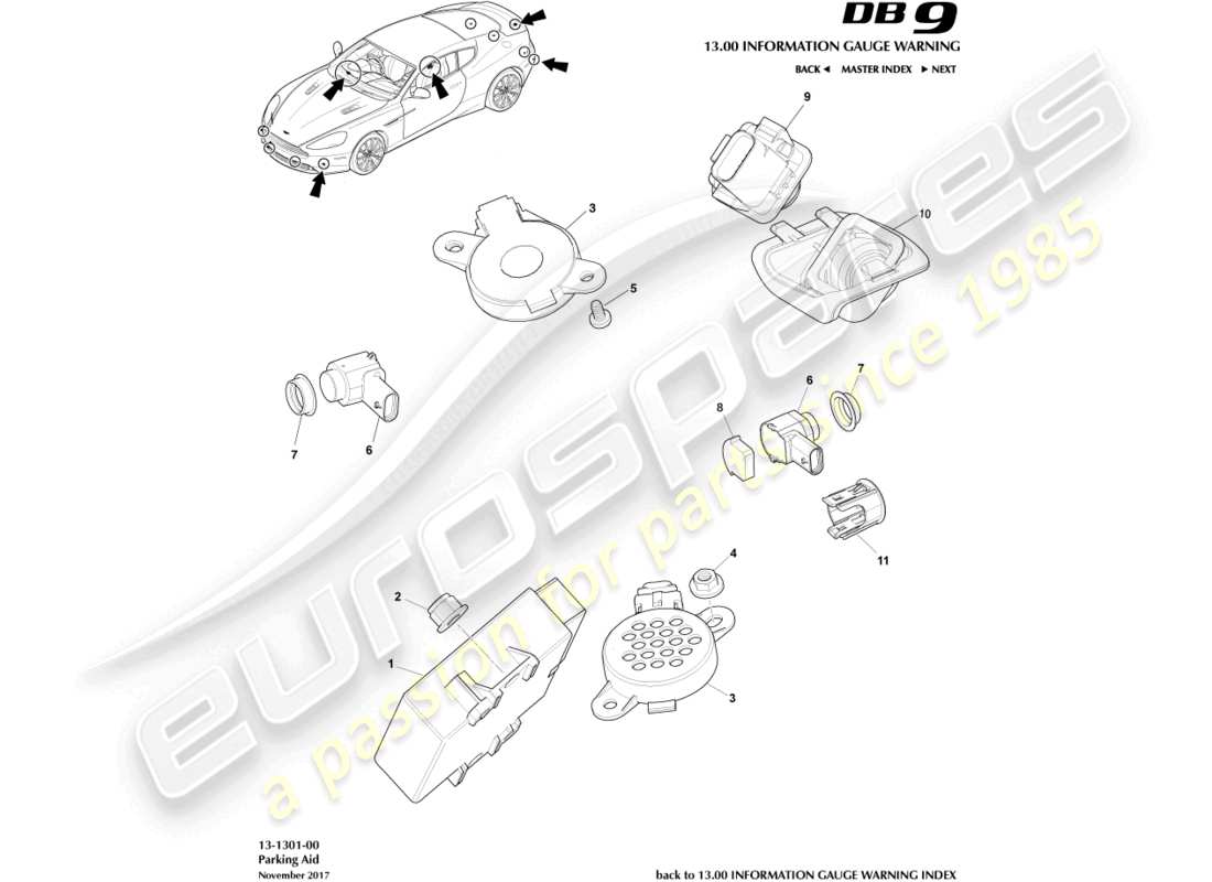 aston martin db9 (2016) einparkhilfe teilediagramm
