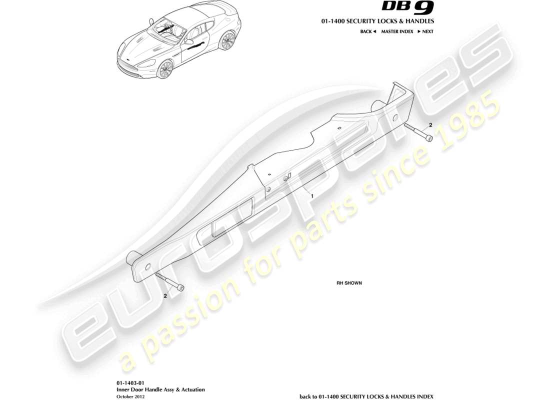 aston martin db9 (2016) innengriffe und betätigung teilediagramm