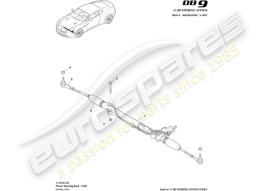 aston martin db9 (2017) cremagliera dello sterzo, guida a sinistra diagramma delle parti