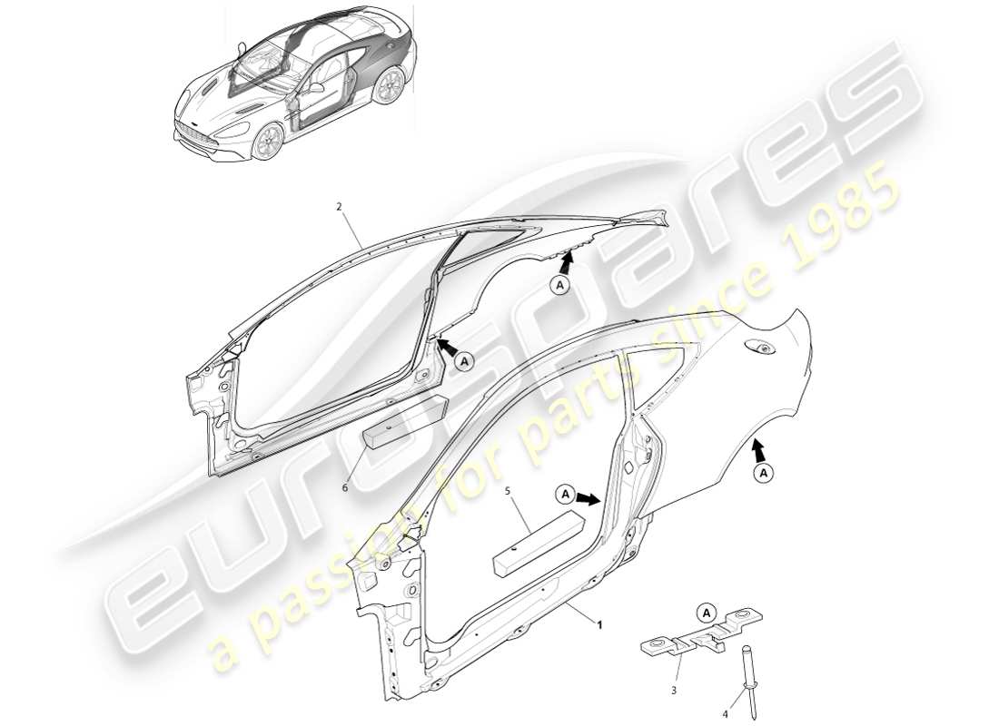 aston martin vanquish (2013) lato carrozzeria, coupé diagramma delle parti
