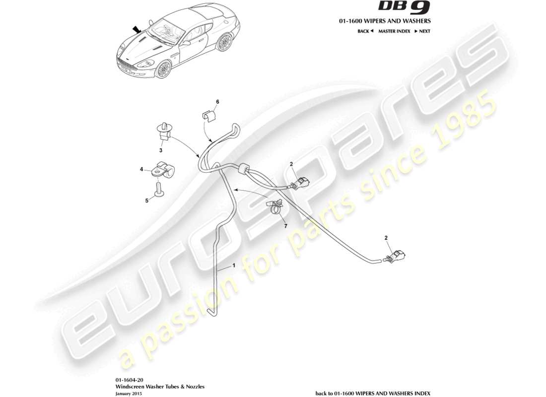 aston martin db9 (2007) schema delle parti per il lavaggio del parabrezza