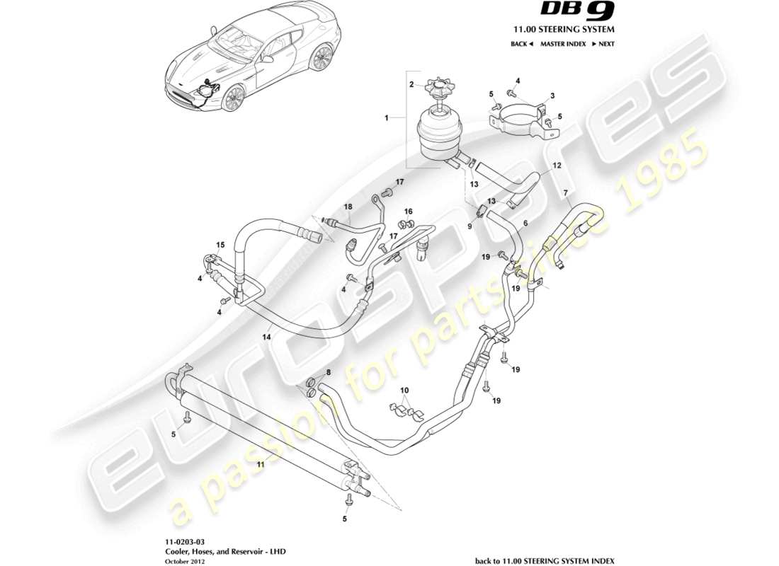 aston martin db9 (2013) tubi pas, guida a sinistra diagramma delle parti
