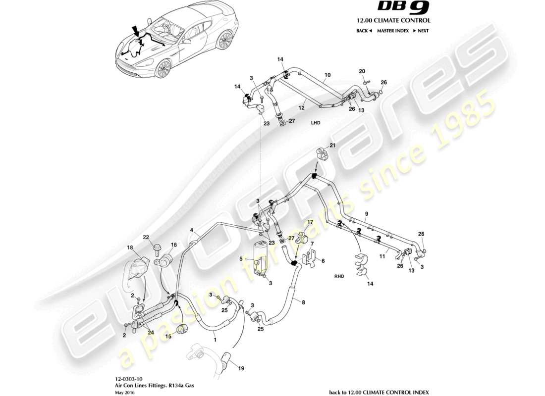 aston martin db9 (2013) linee di aria condizionata, r134a gas diagramma delle parti