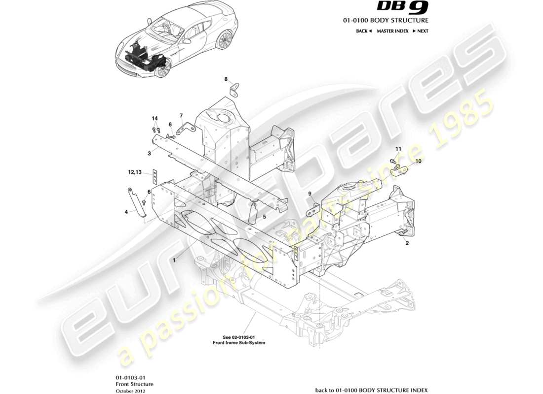 aston martin db9 (2014) diagramma delle parti della struttura anteriore