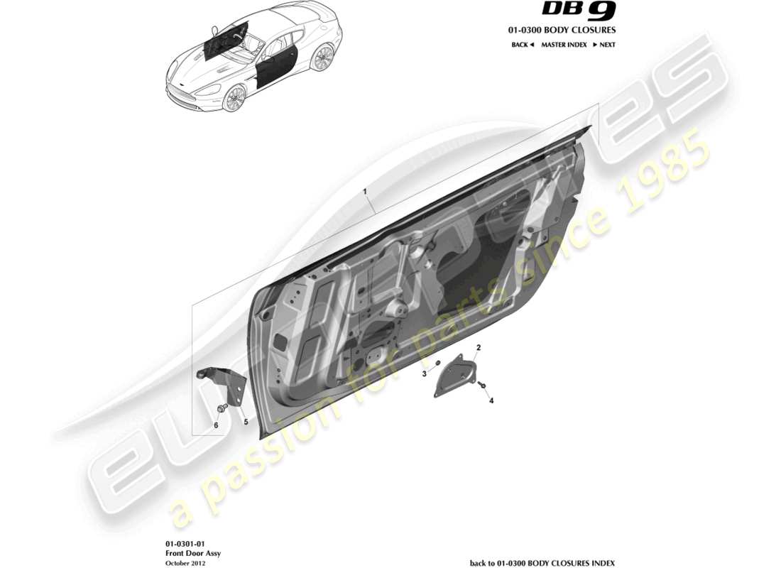 aston martin db9 (2014) schema delle parti dell'assemblaggio della porta anteriore
