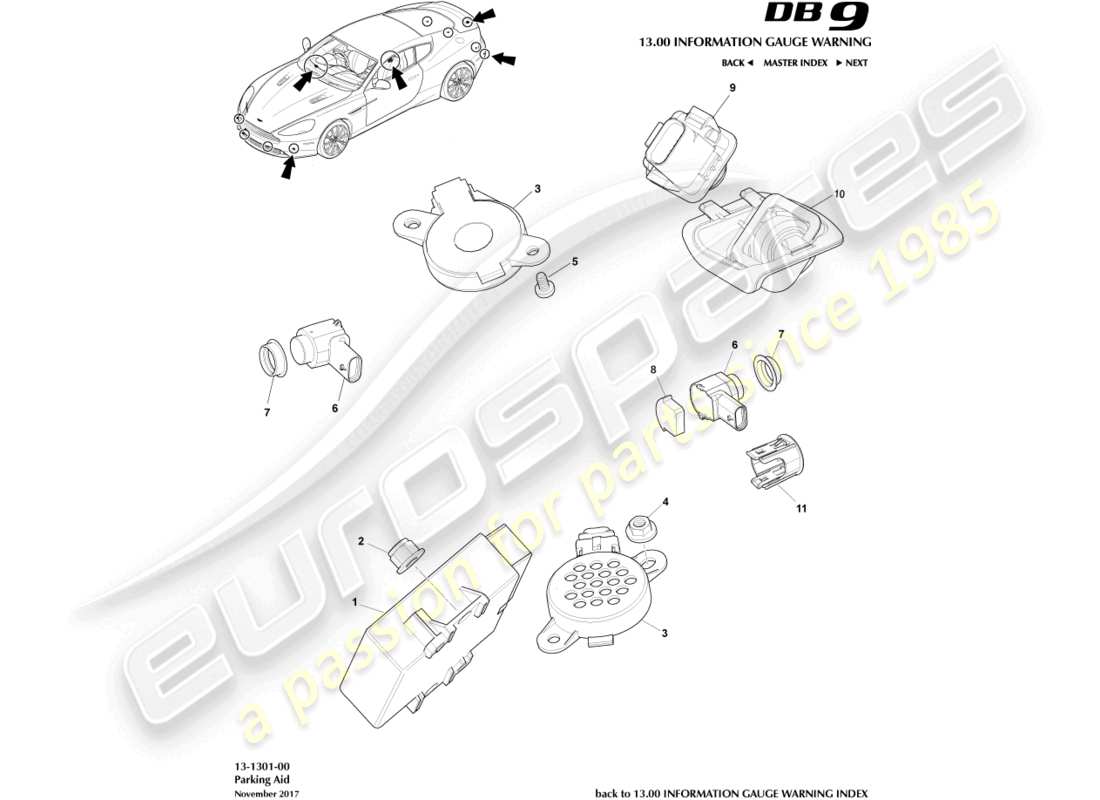 aston martin db9 (2014) schema delle parti dell'ausilio al parcheggio