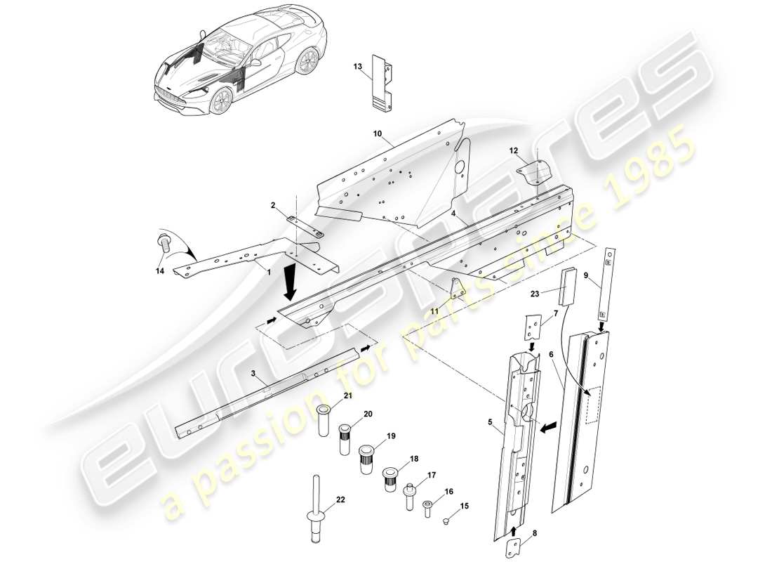 aston martin vanquish (2013) telaio della carrozzeria, anteriore diagramma delle parti