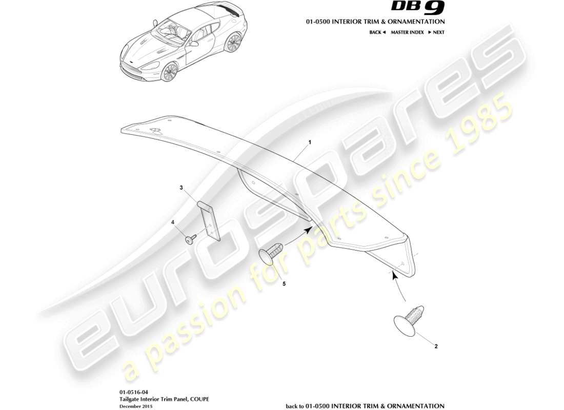aston martin db9 (2017) pannello di rivestimento del portellone posteriore, coupé diagramma delle parti