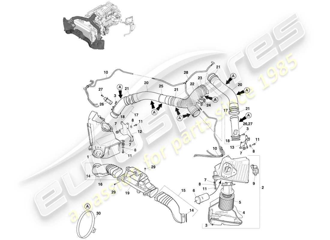 aston martin v8 vantage (2007) ricarica dell'aria, diagramma delle parti v8s