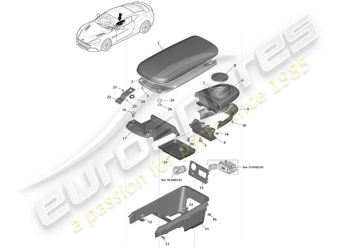 aston martin vanquish (2013) bracciolo della console centrale, pagina 1 diagramma delle parti