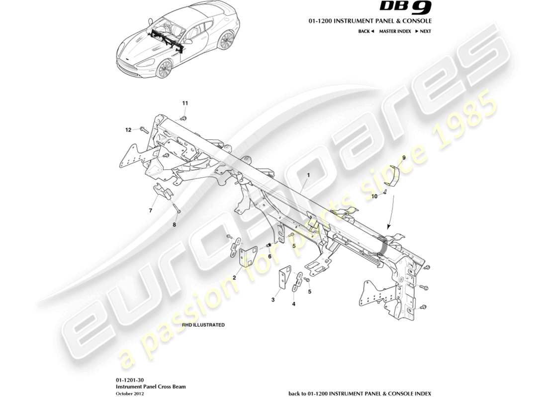 aston martin db9 (2014) diagramma delle parti della trave trasversale ip