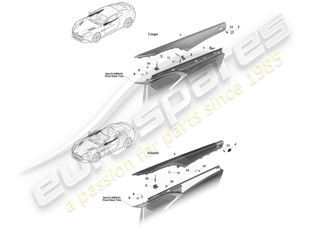 aston martin vanquish (2014) diagramma delle parti del rullo superiore della porta