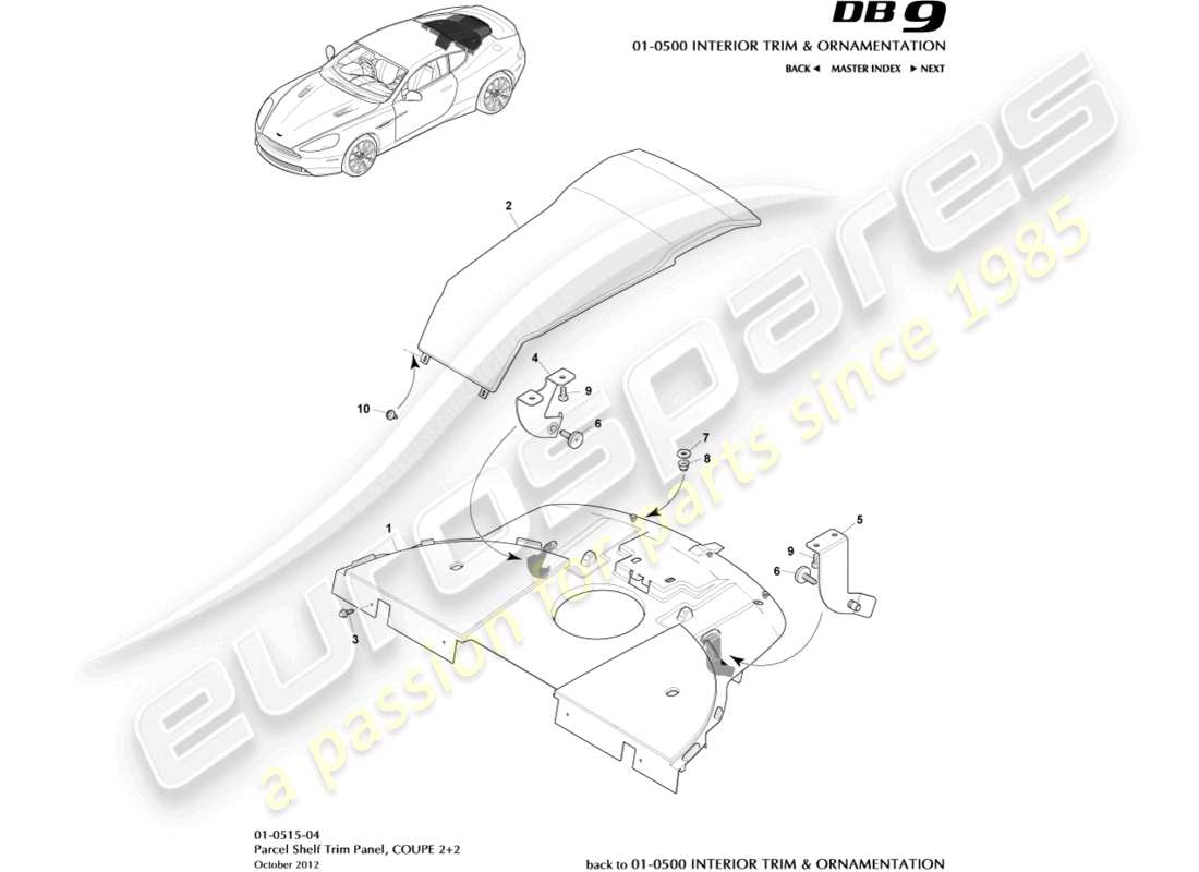 aston martin db9 (2014) pannello di rivestimento del ripiano portaoggetti, diagramma delle parti del coupé 2+2