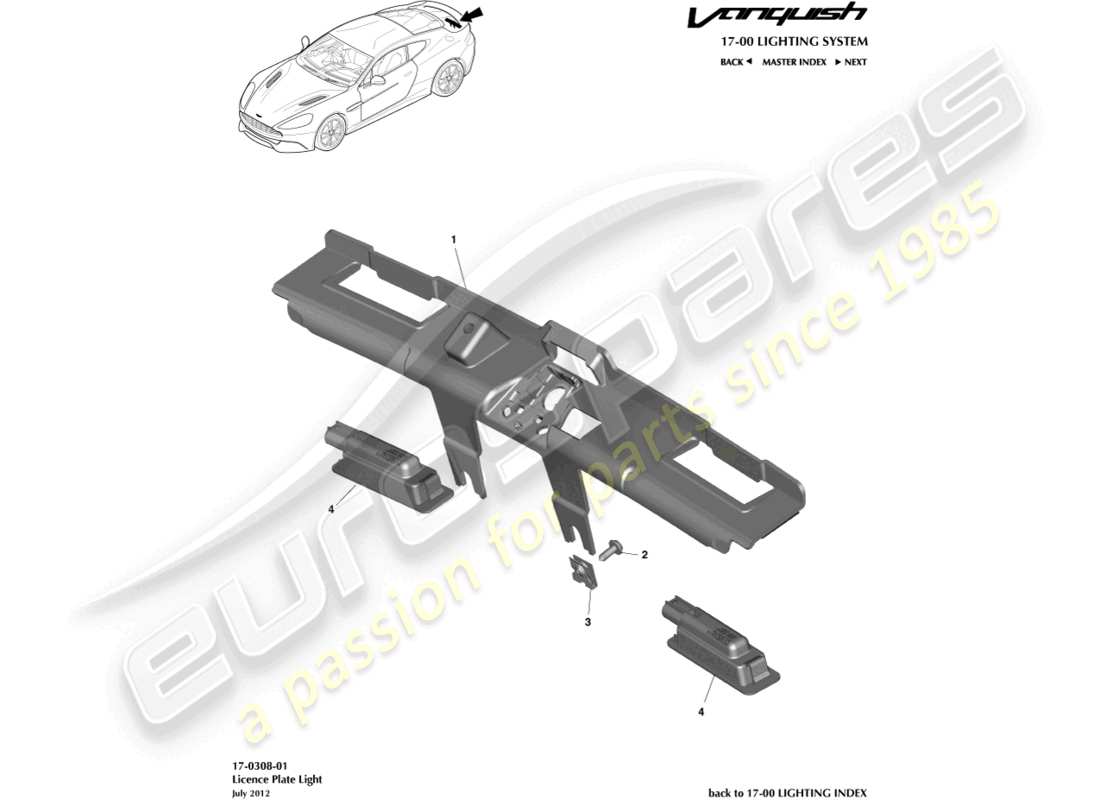 aston martin vanquish (2018) luci targa diagramma delle parti