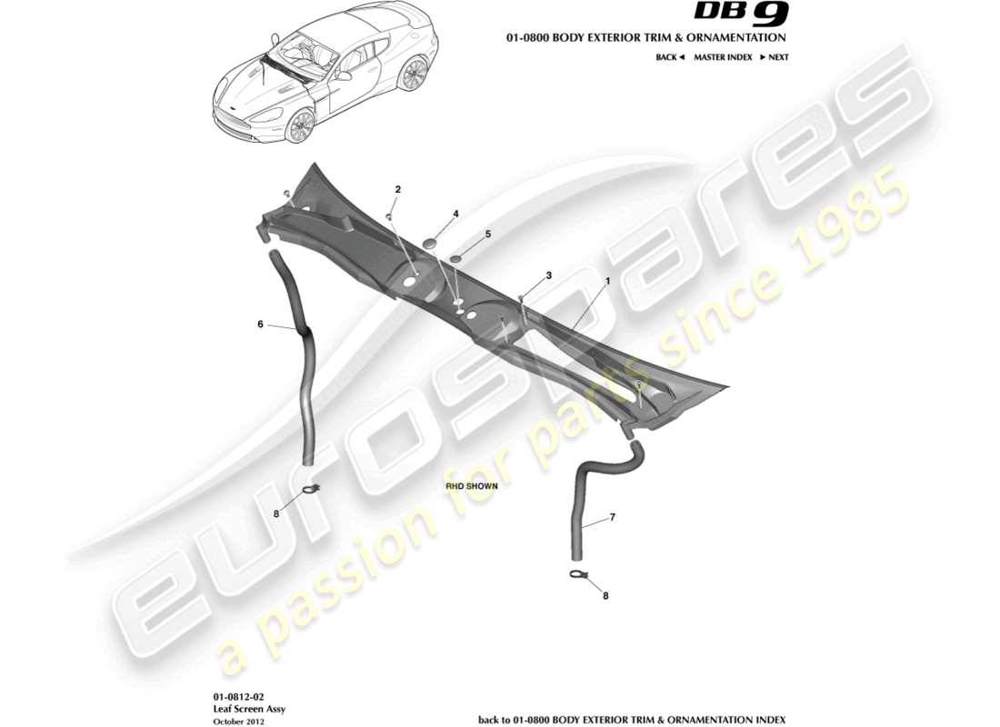 aston martin db9 (2016) schema delle parti del gruppo schermo a foglia