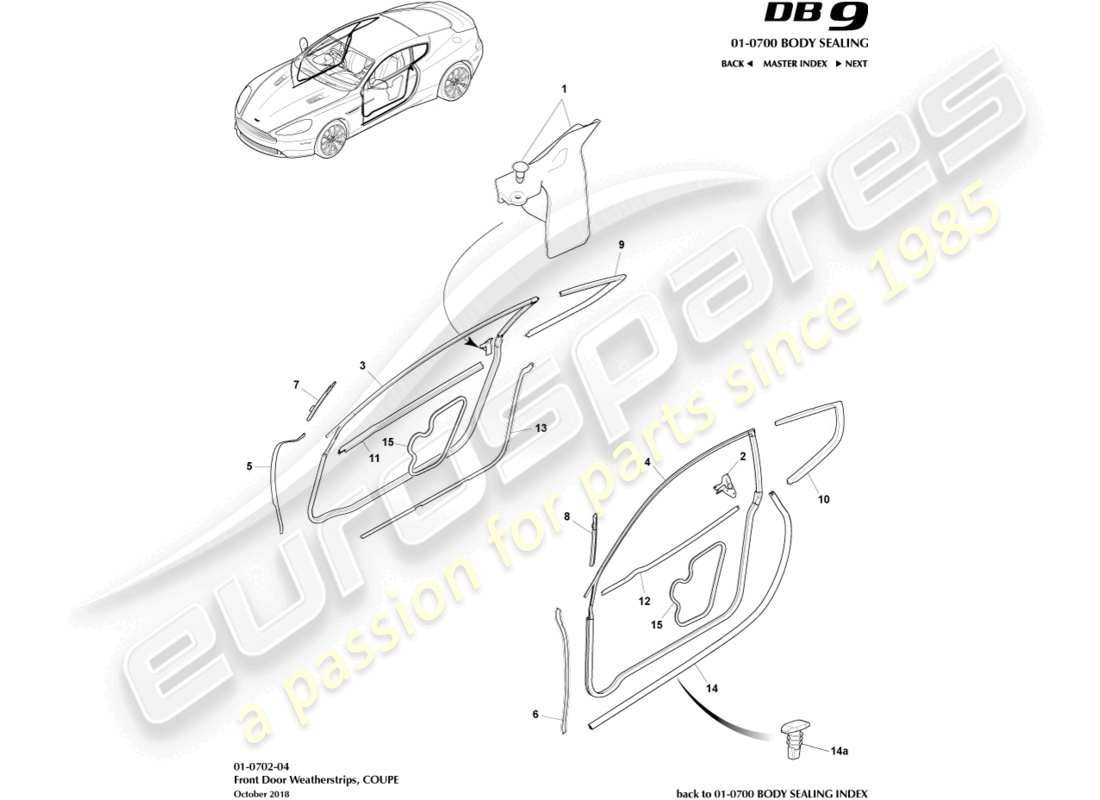 aston martin db9 (2014) guarnizioni per portiere, diagramma delle parti della coupé