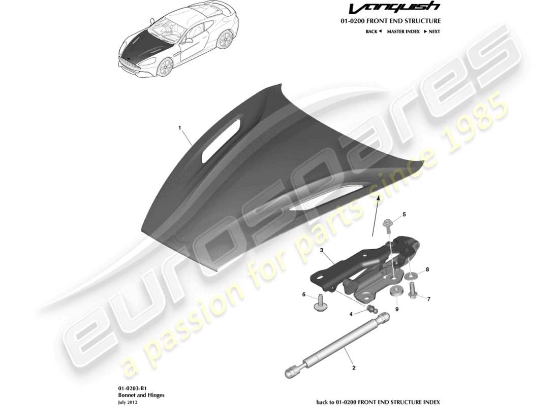 aston martin vanquish (2018) cofano e cerniere diagramma delle parti