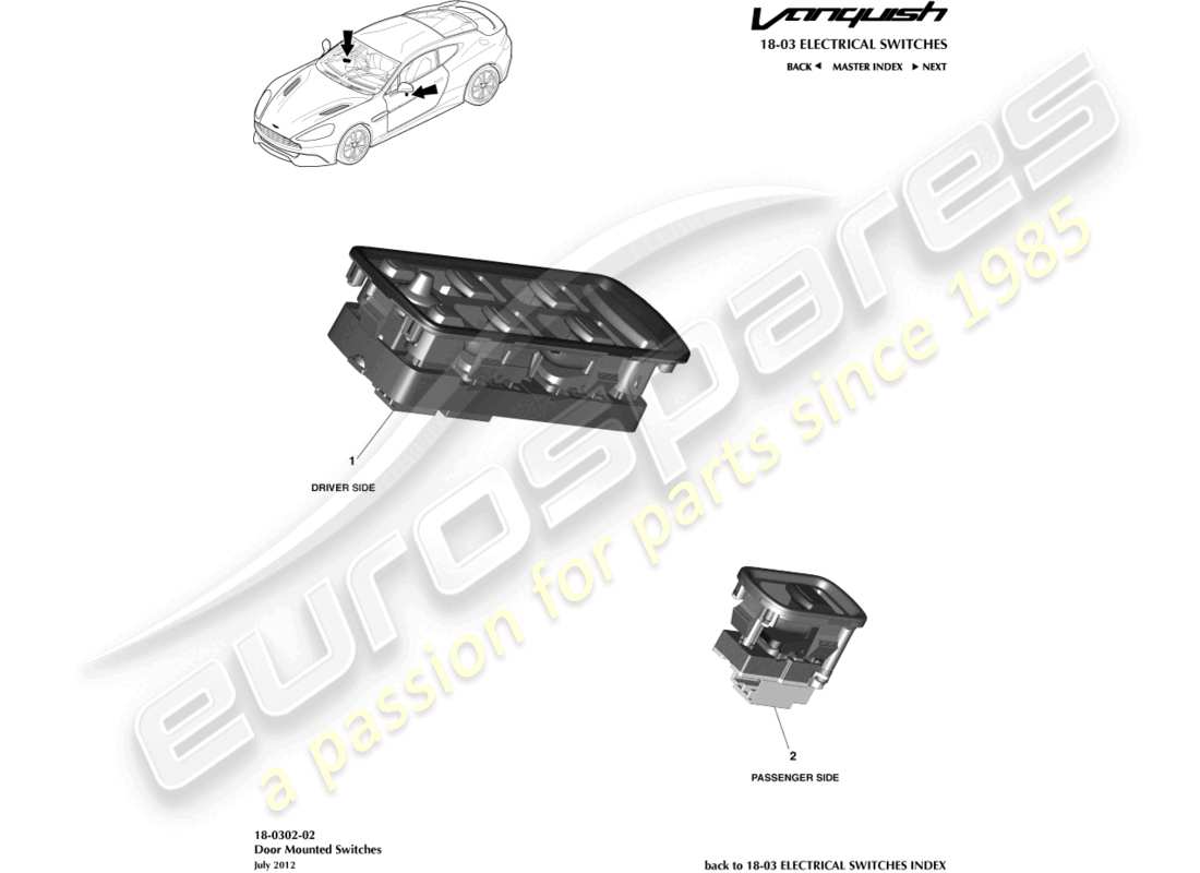 aston martin vanquish (2018) interruttori montati su porta diagramma delle parti