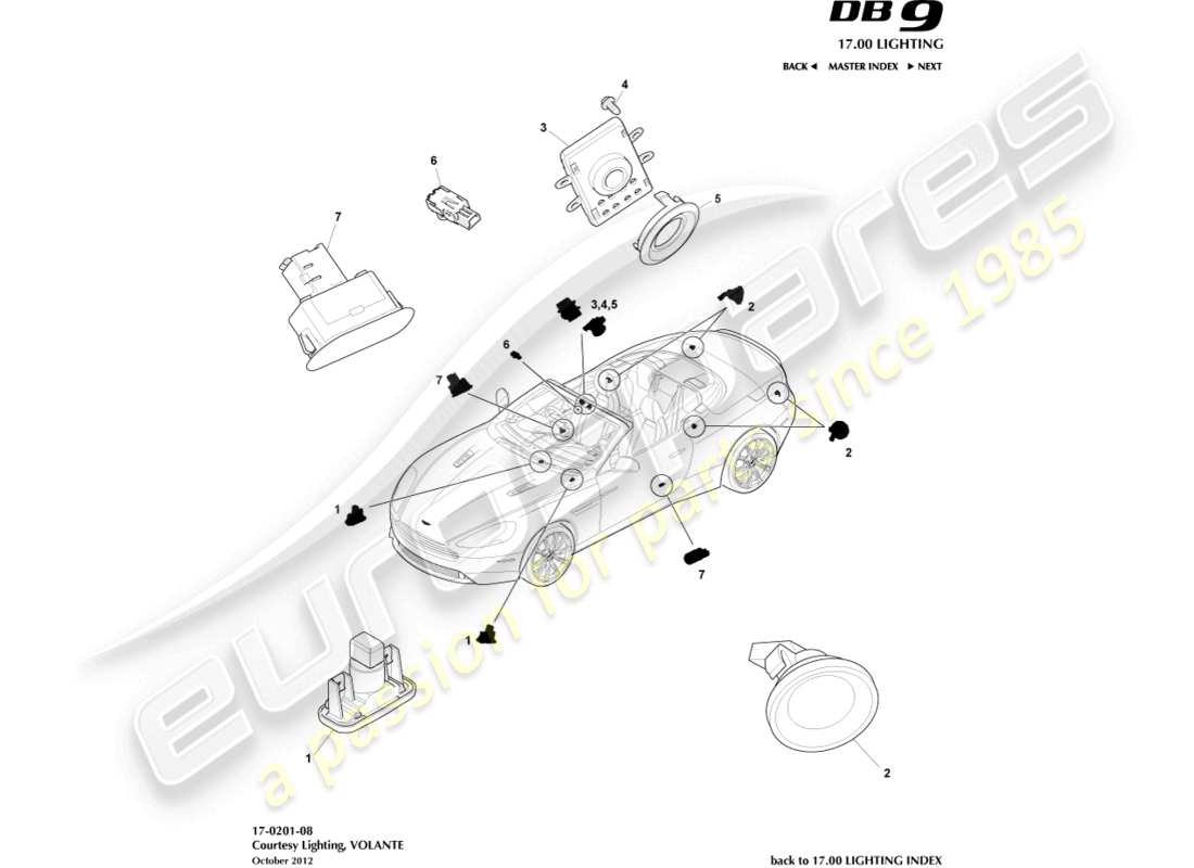 aston martin db9 (2014) illuminazione di cortesia, diagramma delle parti volante