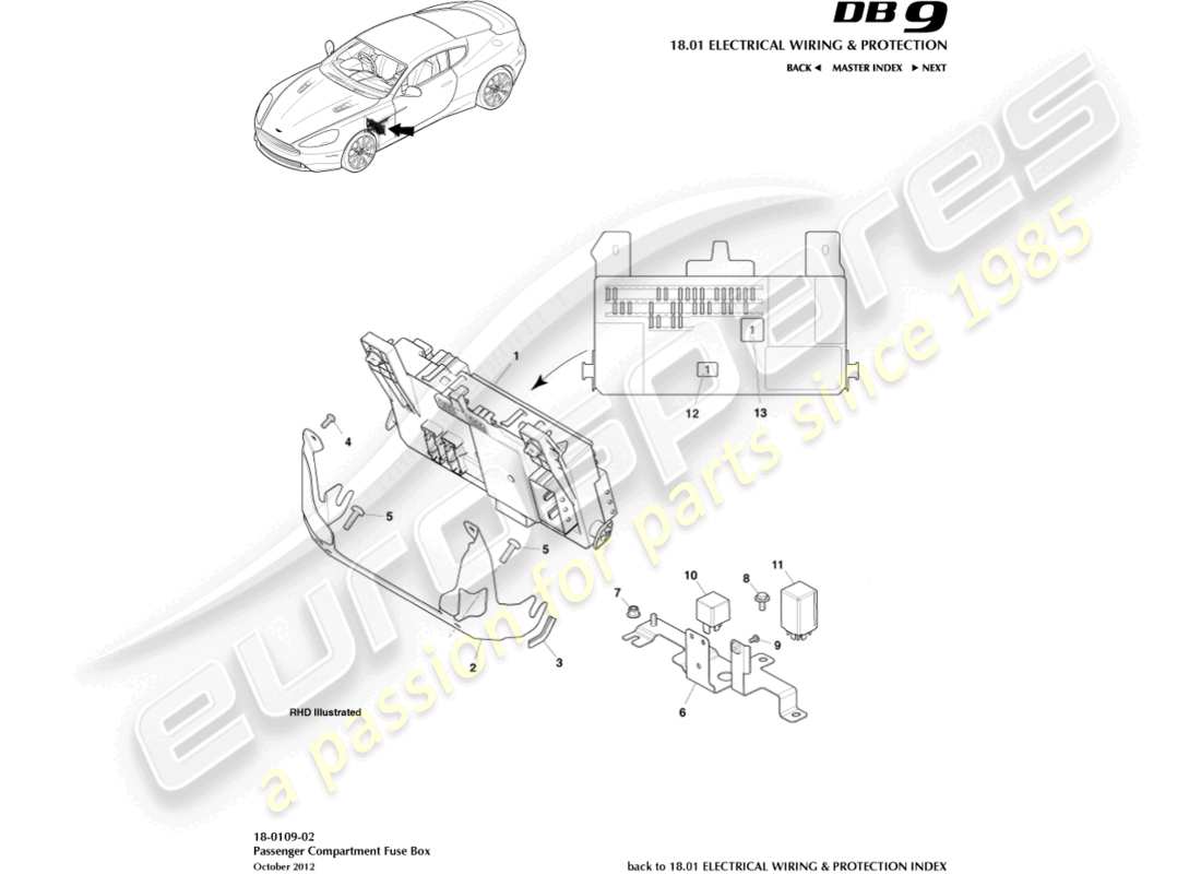 aston martin db9 (2014) schema delle parti della scatola dei fusibili dell'abitacolo