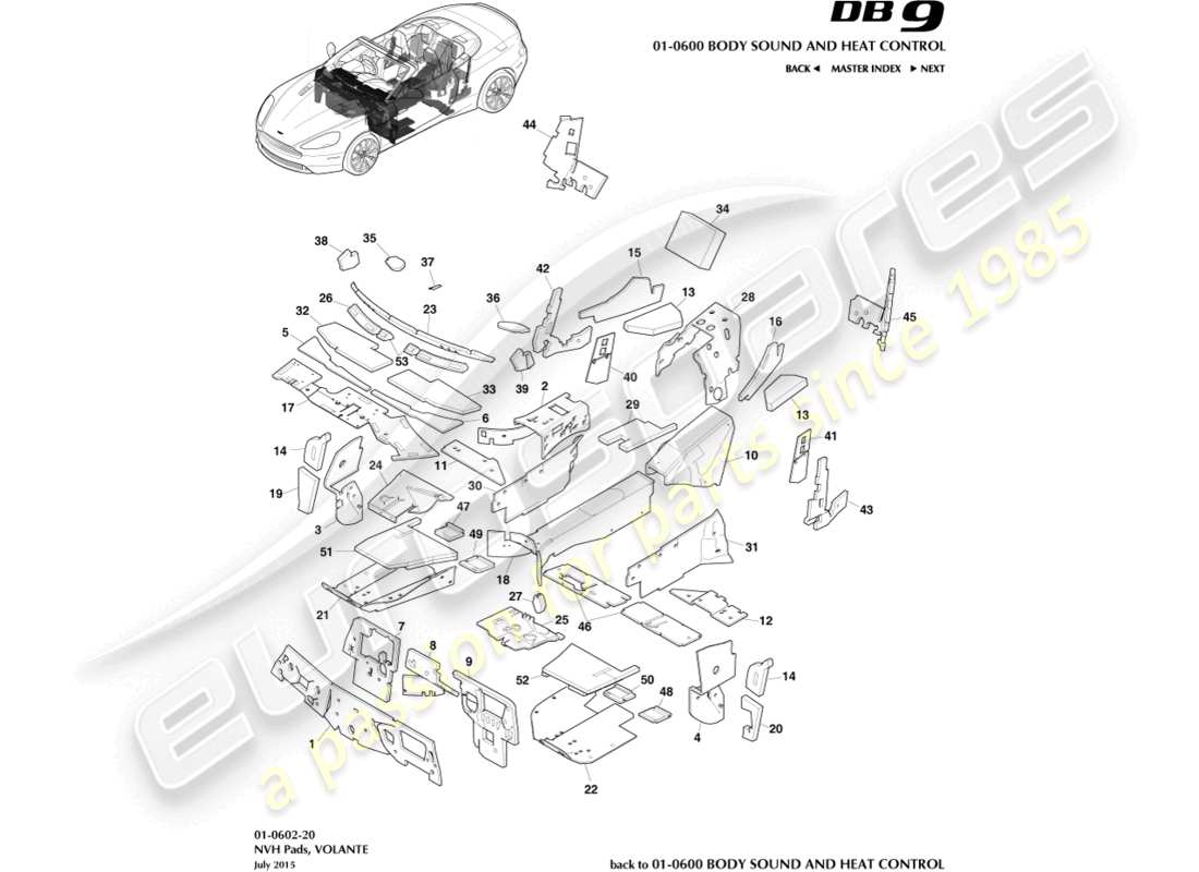 aston martin db9 (2016) pastiglie nvh, diagramma delle parti volante