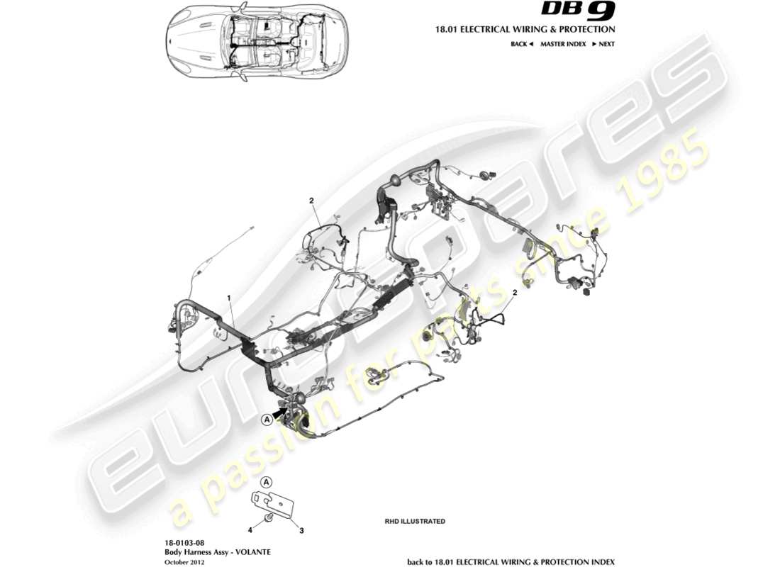 aston martin db9 (2016) imbracatura per il corpo, diagramma delle parti del volante