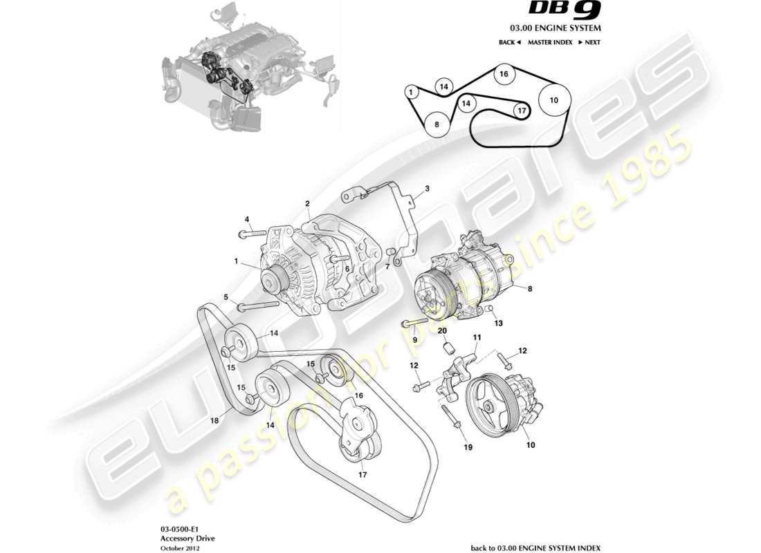 aston martin db9 (2016) diagramma delle parti della trasmissione accessoria