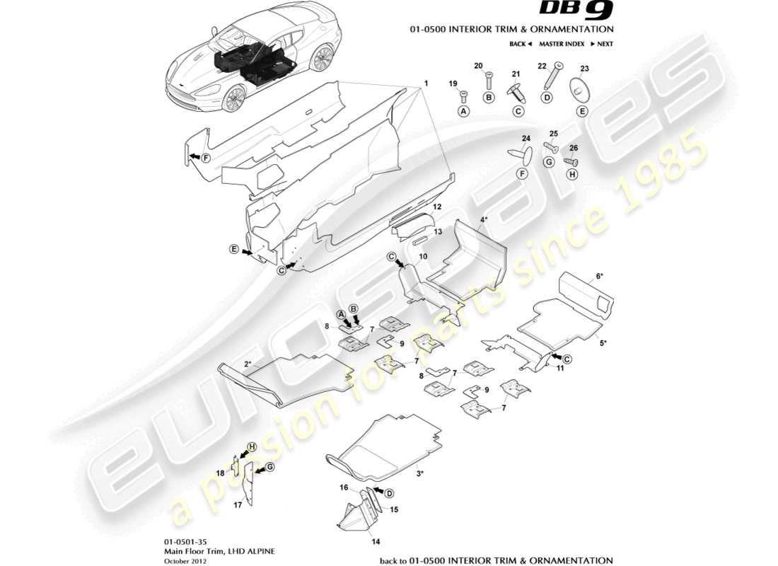 aston martin db9 (2016) rivestimento del pavimento principale, guida a sinistra, diagramma delle parti alpine