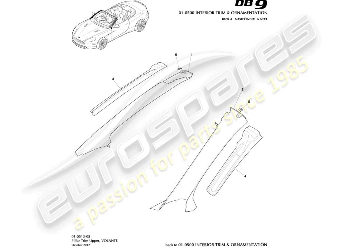 aston martin db9 (2016) diagramma del rivestimento del montante, superiore e parte del volante