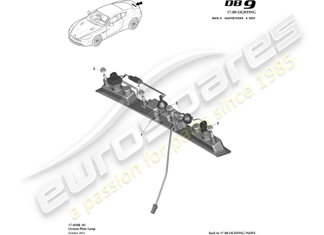 aston martin db9 (2016) diagramma delle parti delle luci della targa