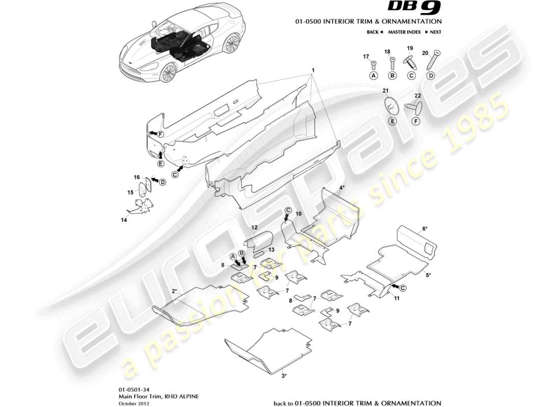 aston martin db9 (2014) rivestimento del pavimento principale, guida a destra, diagramma delle parti alpine