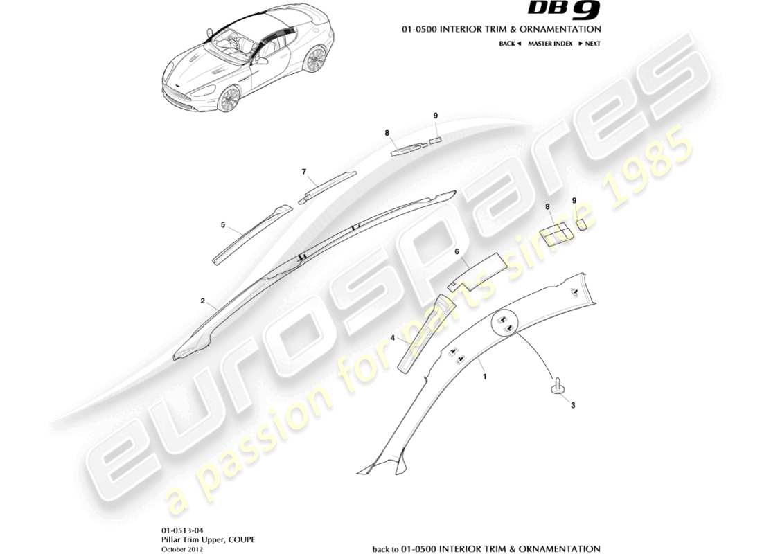 aston martin db9 (2014) schema del rivestimento del montante, della parte superiore e della parte coupé