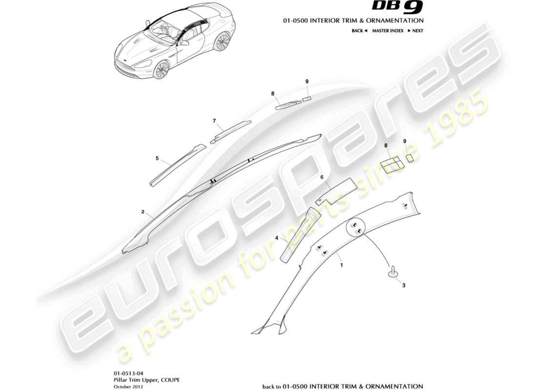 aston martin db9 (2014) rivestimento montante, superiore, coupé diagramma delle parti