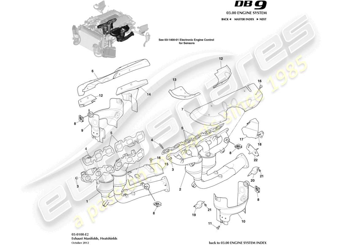 aston martin db9 (2016) collettori di scarico schema delle parti
